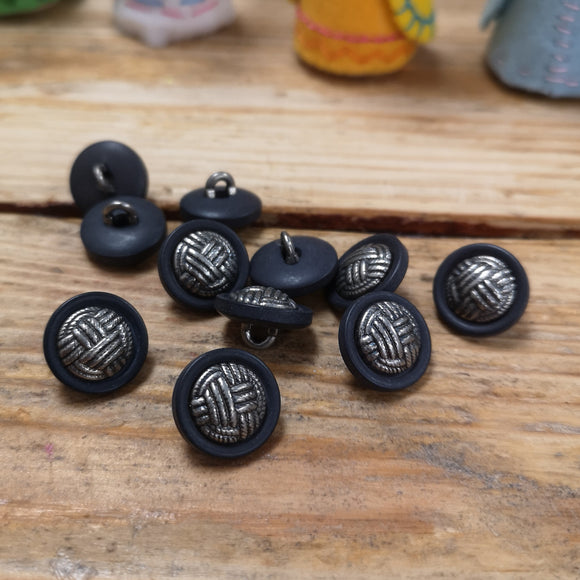 Vintage Black Buttons with Metal Weave Inner Disc and Shank 20mm