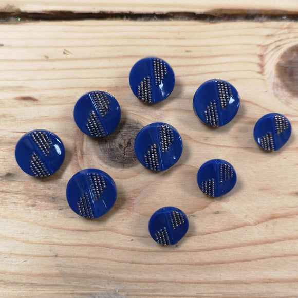 Vintage Buttons Set of 9 (6x 14mm and  3 x 11mm) Blue and Gold