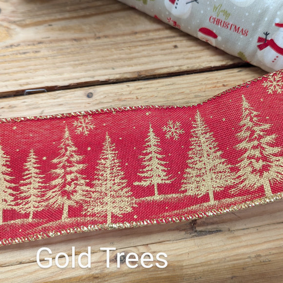 Wired Christmas Ribbon - Gold Trees 63mm wide