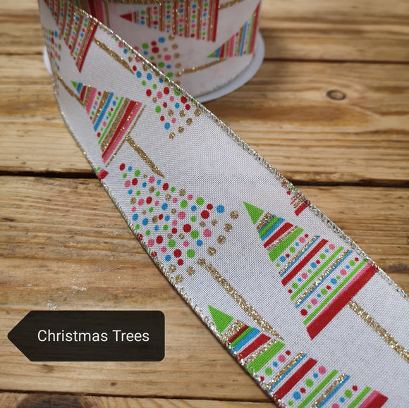 Wired Christmas Ribbon Colourful Christmas Trees 63mm wide